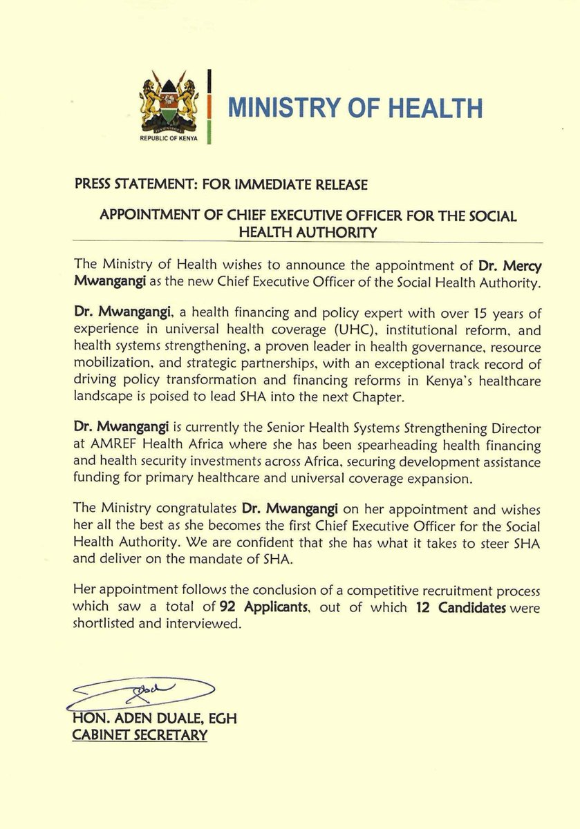Congratulations to <a href="/DrMercyHealth/">Dr. Mercy Mwangangi</a> on her appointment as the inaugural CEO of the Social Health Authority. 

A visionary leader in health policy and financing, her expertise will be key in advancing Kenya's Universal Health Coverage agenda.