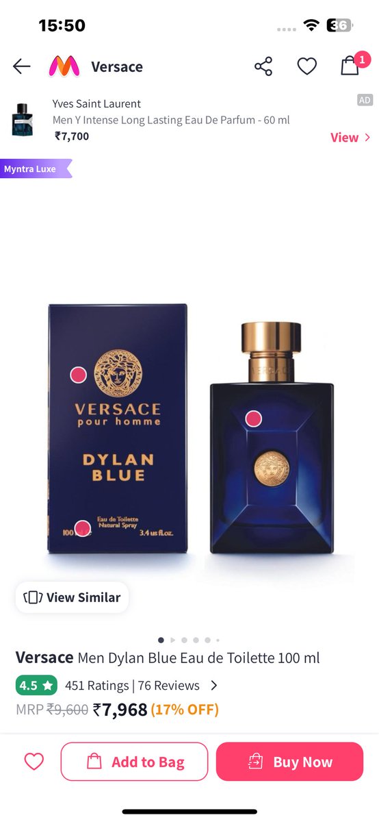 dsonudas's tweet photo. @myntra has gone down the route of scamming people now. I ordered Versace Perfume and received some cheap knockoff. The customer service is pathetic not providing any solution also they are  censoring review on their platform. @jagograhakjago https://t.co/f6EuqPplcM