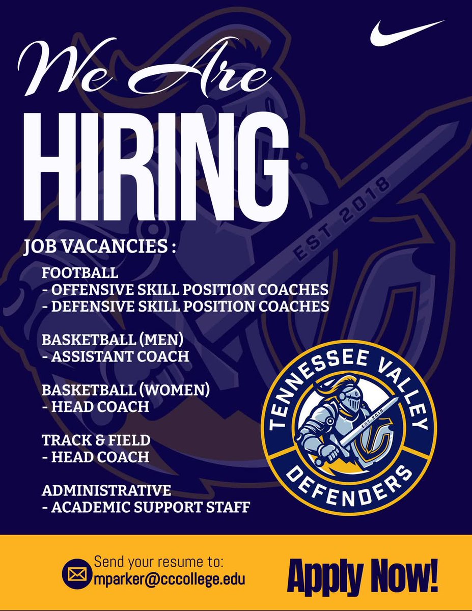 Tennessee Valley Prep (@tnvpsa) on Twitter photo We are NOW HIRING!
- Football: Offensive/Defensive Skill Position Coaches
- Basketball (M): Assistant Coach
- Basketball (W): Head Coach
- Track & Field: Head Coach
- Administrative: Academic Support Staff
Send your resume to mparker@cccollege.edu by 4/23/2025. We are NOW HIRING!
- Football: Offensive/Defensive Skill Position Coaches
- Basketball (M): Assistant Coach
- Basketball (W): Head Coach
- Track & Field: Head Coach
- Administrative: Academic Support Staff
Send your resume to mparker@cccollege.edu by 4/23/2025.