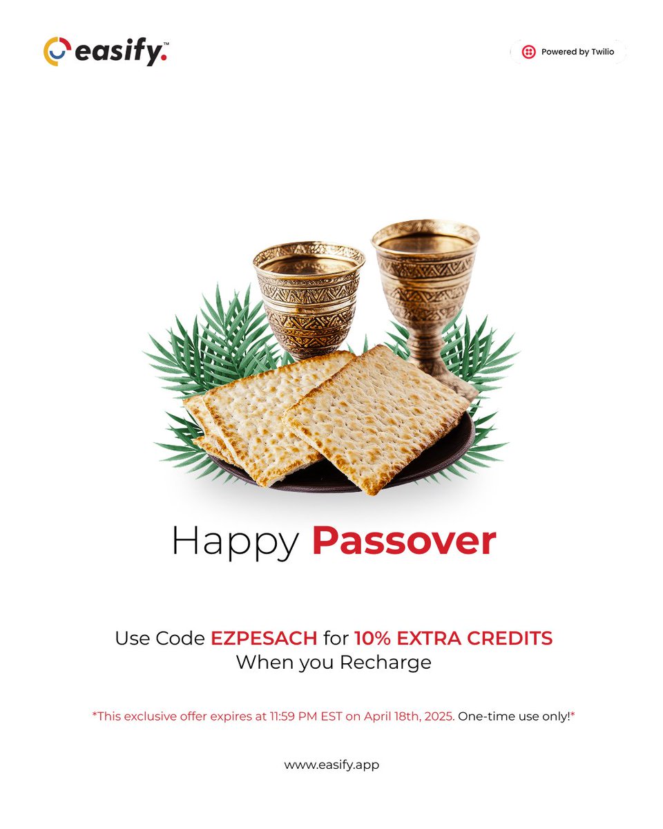 EasifyApp's tweet image. #Chag #Sameach! 
Celebrate Passover with 10% extra credits when you recharge! 

How to claim your free credits?

Visit : easify.app Just use code EZPESACH when you recharge.

*This exclusive offer expires at 11:59 PM EST on April 18th, 2025. One-time use only.