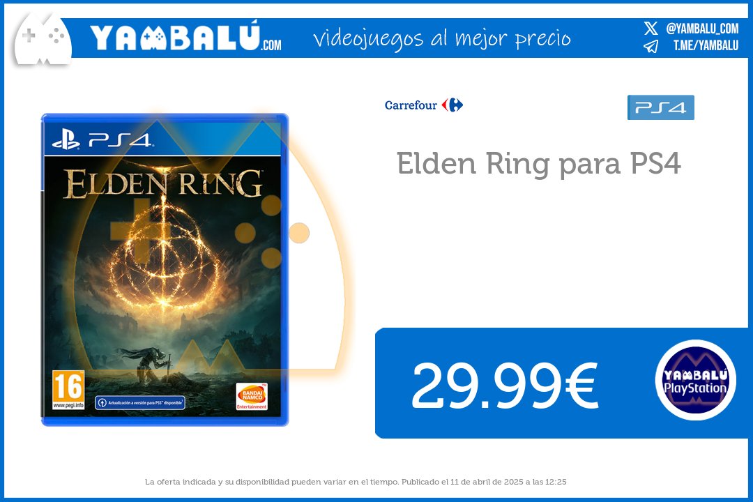 yambalu_com's tweet photo. Oferta para PS4: Elden Ring

✅ 29.99€ 

🛒 Comprar en Carrefour: https://t.co/EOlLTV6LSi https://t.co/zHxx1ViYXs