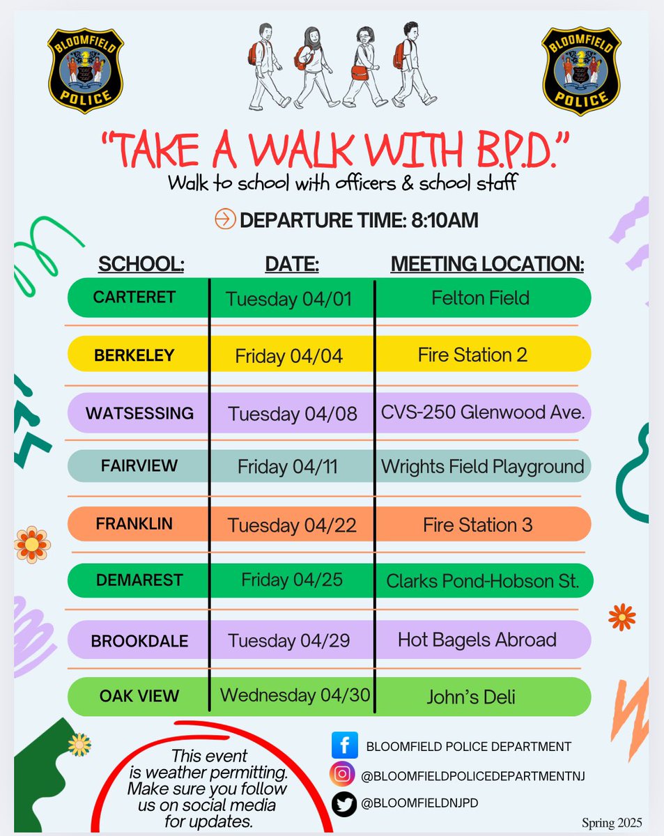 Bloomfield Police Department (@bloomfieldnjpd) on Twitter photo FAIRVIEW SCHOOL, YOU’RE STILL ON SCHEDULE FOR TODAY!!! We put in a special request with Mother Nature to hold off with the rain during our walk to school and based on the forecast, it seems she may cooperate!! Students and staff, meet at Wrights Field Playground by 8:10am FAIRVIEW SCHOOL, YOU’RE STILL ON SCHEDULE FOR TODAY!!! We put in a special request with Mother Nature to hold off with the rain during our walk to school and based on the forecast, it seems she may cooperate!! Students and staff, meet at Wrights Field Playground by 8:10am