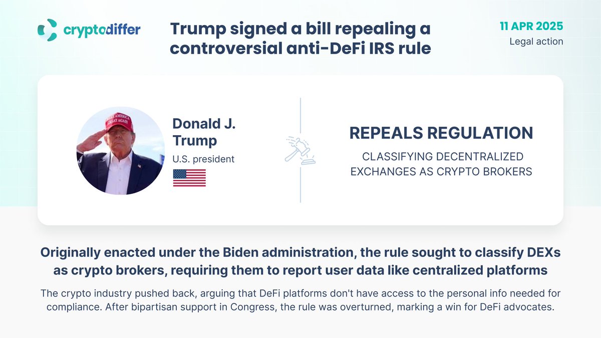 ❗️@realDonaldTrump signed a bill repealing a controversial anti-DeFi IRS  rule This rule aimed to increase tax compliance among crypto users by  requiring #DeFi platforms to adhere to the same reporting standards as #