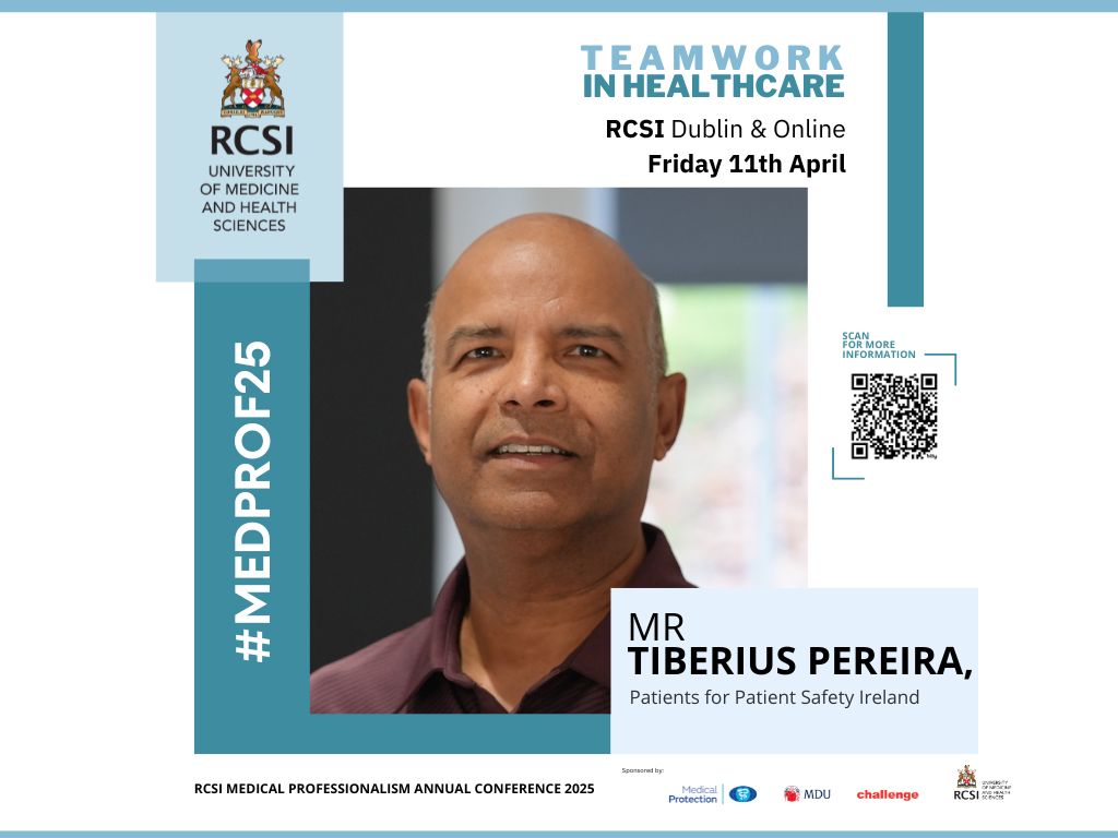 Mr Tiberius Pereira from <a href="/PFPS_Ireland/">PatientsForPatientSafetyIreland</a> speaking on 'A Patients Voice - How positive teams can make an impact' at #MedProf25 <a href="/RCSI_Irl/">RCSI</a>