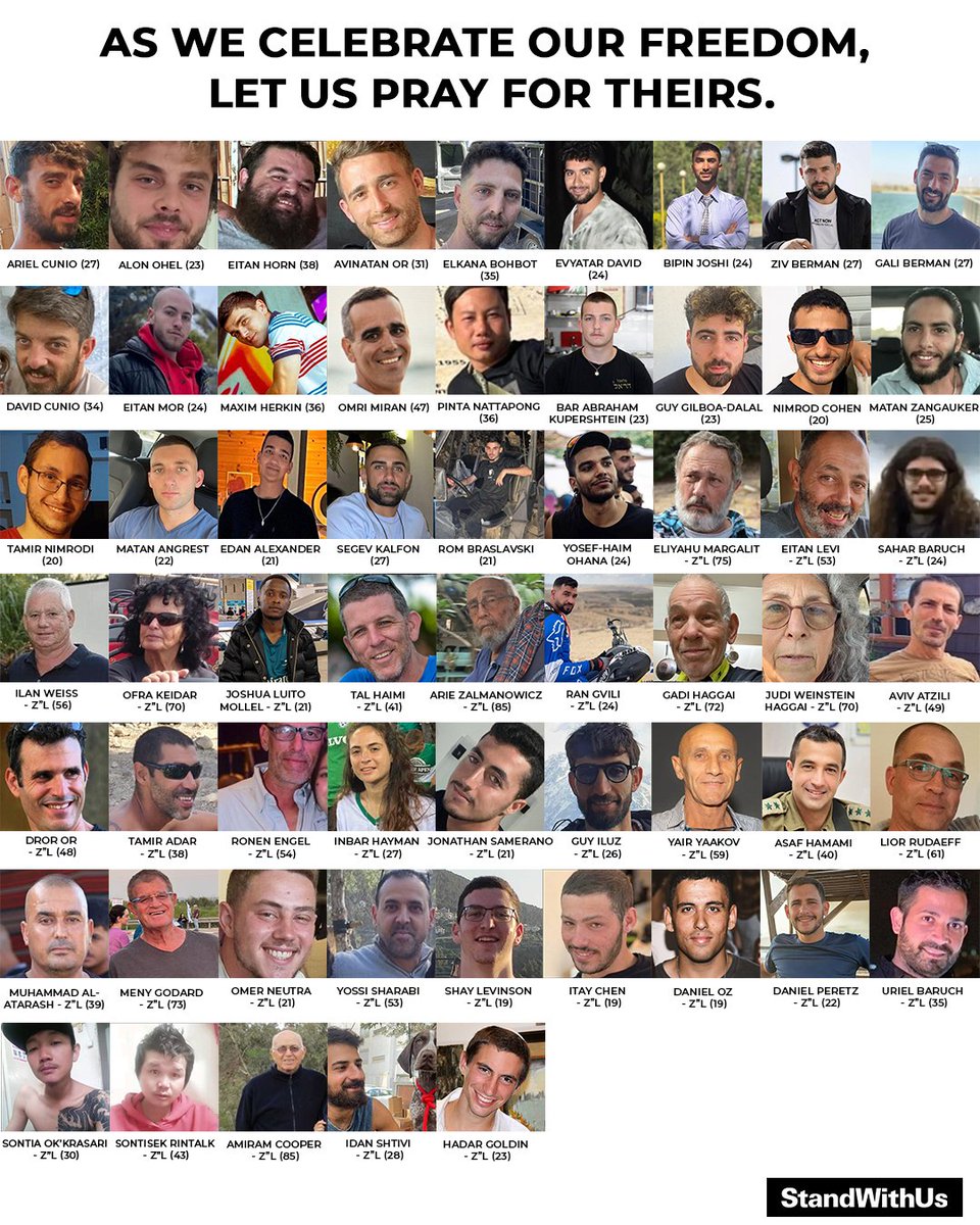 StandWithUs's tweet photo. PRINT FOR YOUR SEDER: Names and Photos of the 59 hostages held in Gaza.

May they know freedom this Passover. https://t.co/OvXs08sKRz