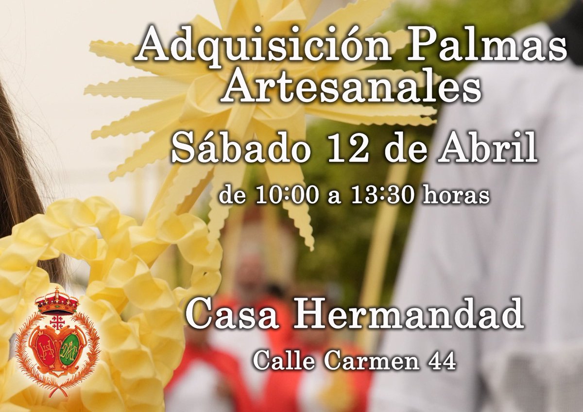 Sábado 12 de abril,  en nuestra Casa Hermandad, se podrán adquirir las tradicionales palmas artesanales de cara al próximo Domingo de Ramos en horario de 10:00 a 13:30 horas.

#SemanaSanta2025 #Campillos #PollinicaCampillos #CampillosCofrade #CofradiasMLG