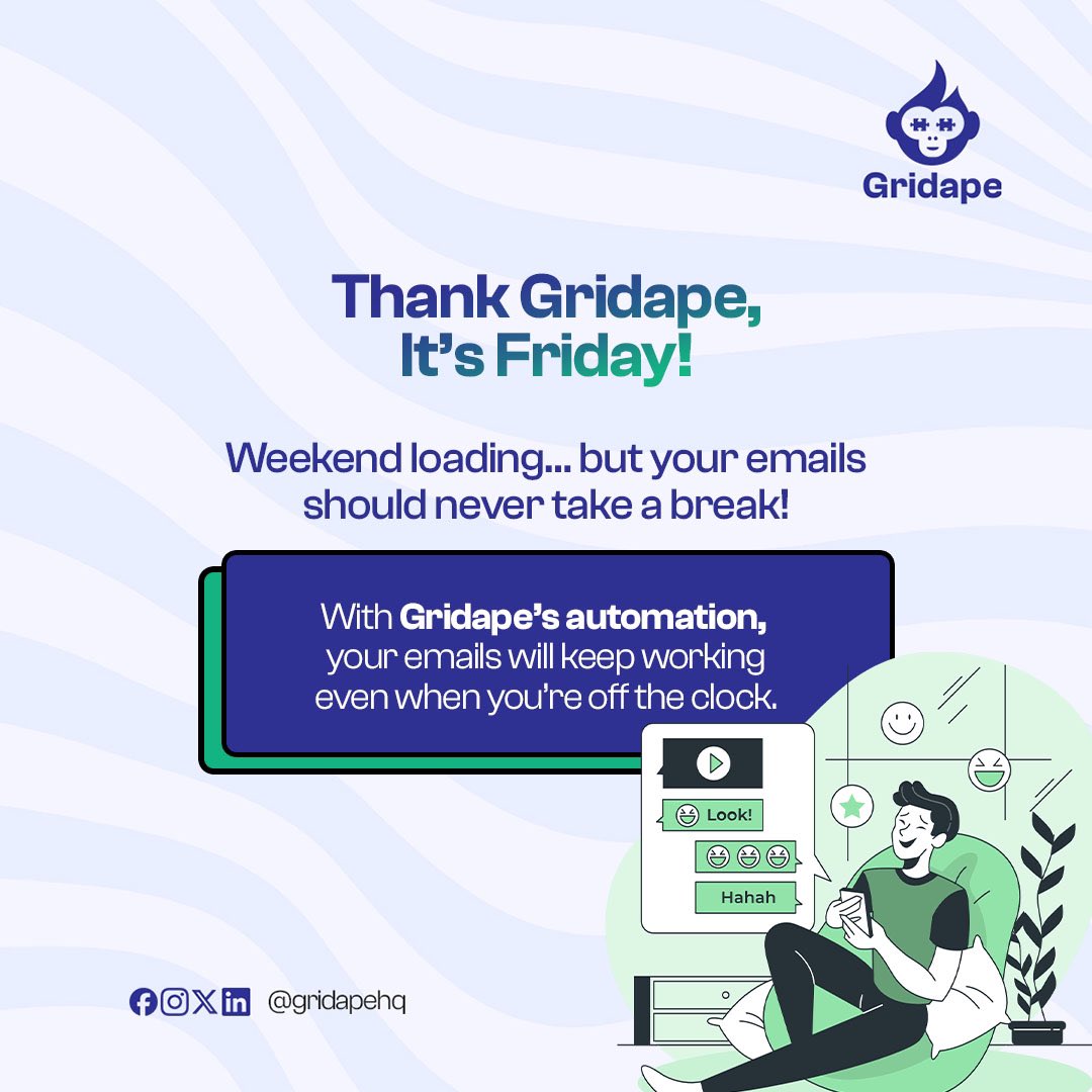 gridapehq's tweet photo. Signing off for the weekend? Your emails don’t have to.
Gridape’s automation keeps things moving even when you’re not.

#gridape #gridapehq #emailmarketing #automation #forms https://t.co/geZ7clGuss