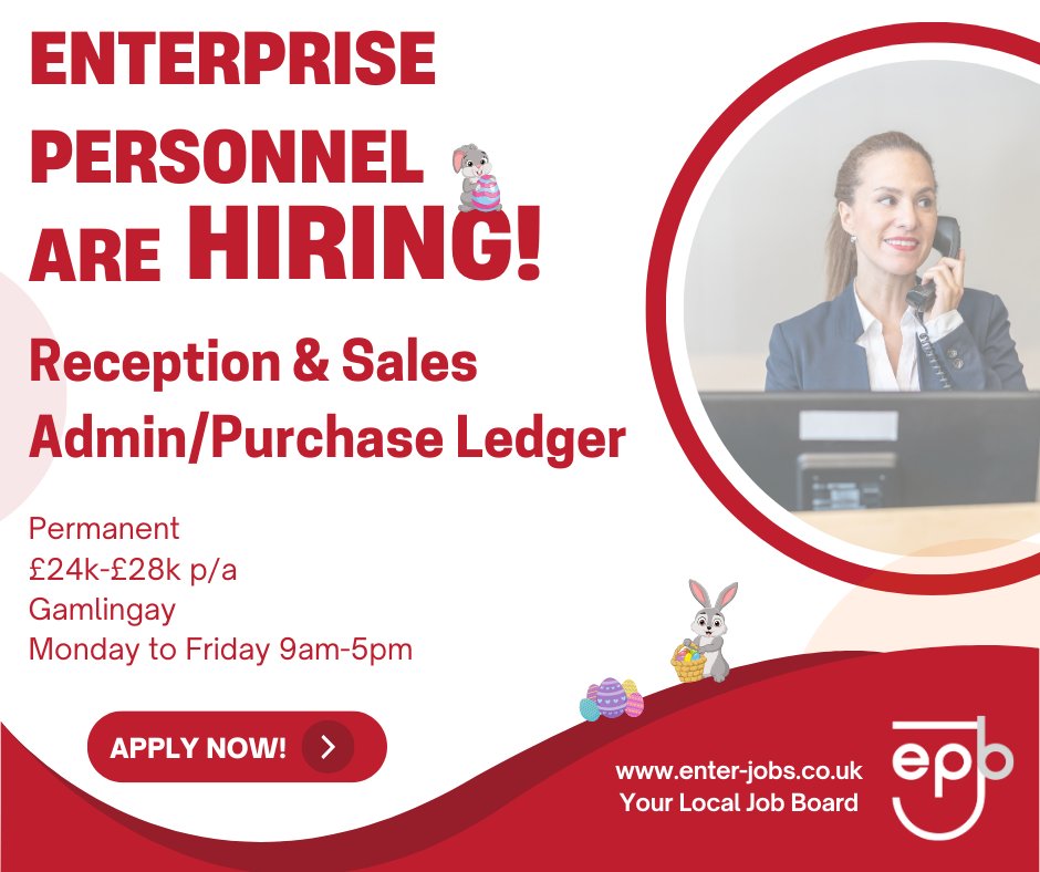 EnterJobs's tweet image. Enterprise Personnel&apos;s client are seeking a Reception &amp;amp; Sales Admin/Purchase Ledger Assistant in Gamlingay.
Apply now via our website! 

#receptionistjobs #salesadministrator #salesadmin #AdministrationJobs #AdministrativeAssistant #PurchaseLedger #cambridgeshire #gamlingay
