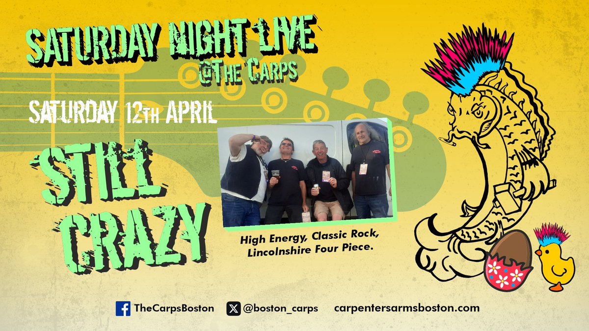Saturday Night Live, 930pm, it's super rockers STILL CRAZY. High energy show full of timeless rock classics. Don't miss 'em. LIVE MUSIC IS ALWAYS FREE, please support it. #LincsConnect <a href="/bostontownfc/">Boston Town FC</a> <a href="/batemansbrewery/">Batemans Brewery</a> <a href="/endeavourfm/">107 Endeavour FM</a> <a href="/FirstaidteamBos/">Boston First Aid Team</a> <a href="/BOSTONRUGBY/">Boston Rugby Football Club</a> <a href="/VisitBostonUK/">Visit Boston</a>
