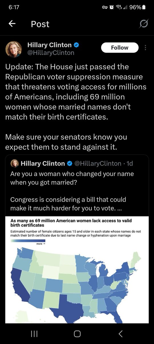 DoubleBarrel88's tweet photo. Hilary Clinton is lying to women about the SAVE act. A name change for married women doesn't prevent you from voting. Dems are claiming since many people may not have readily available proof of citizenship, they are being blocked. https://t.co/wOFFBF0pKR