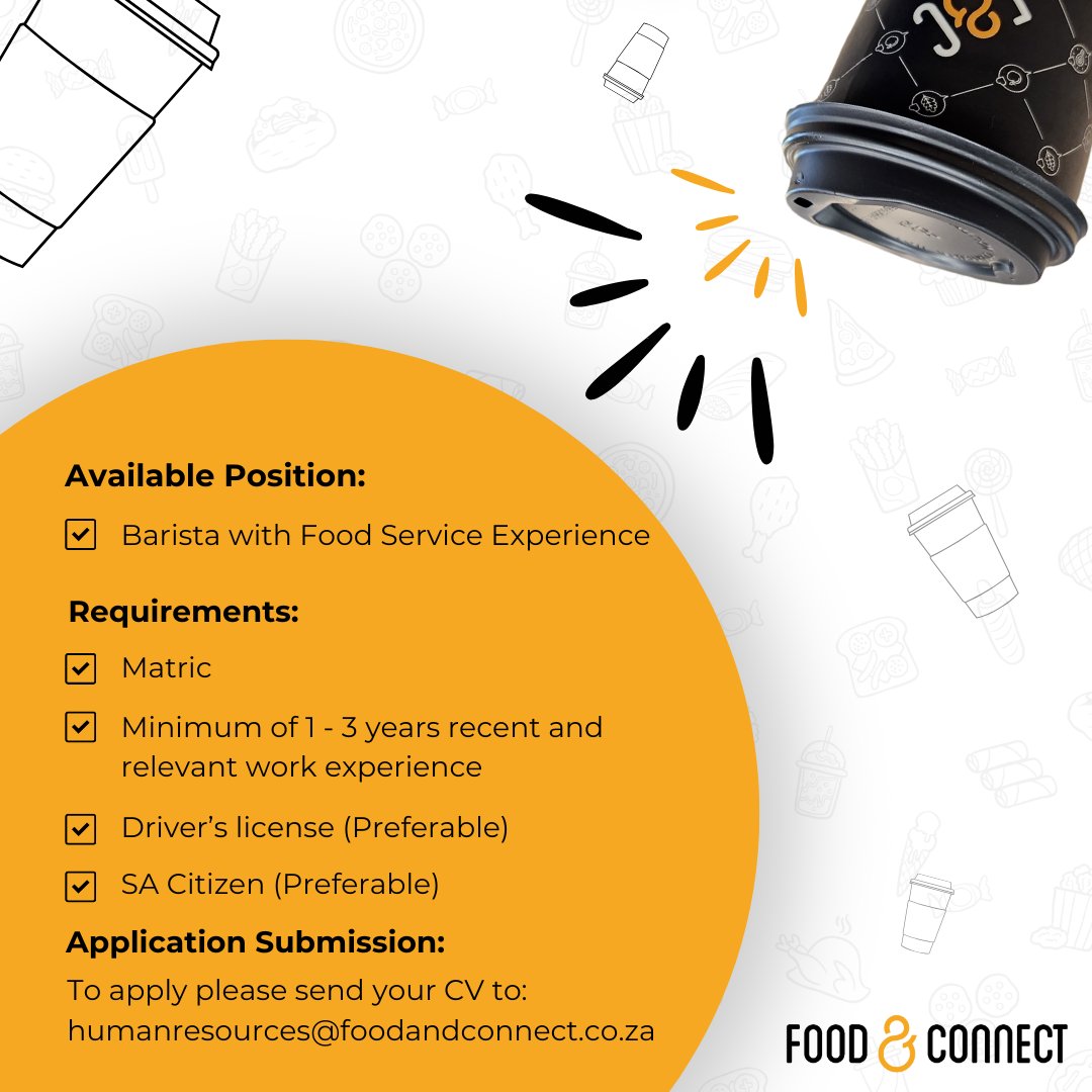 FoodandConnect's tweet photo. We’re excited to announce that we’re growing our team and looking for passionate individuals to join the Food &amp; Connect family in CAPE TOWN! 

Are you a skilled barista and someone who loves working in a vibrant and supportive environment, we want to hear from you. https://t.co/kqTRd6nApa