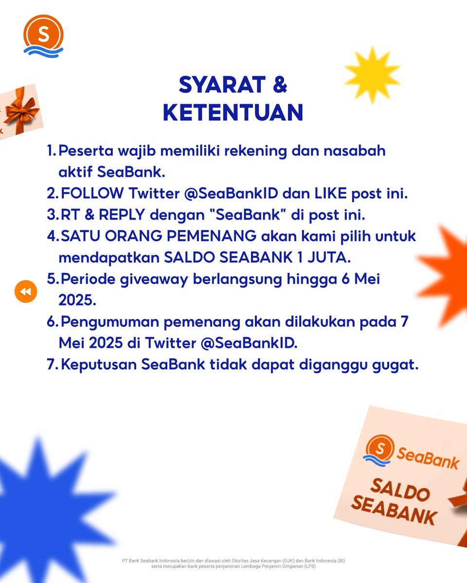 SeaBank Indonesia (@seabankid) on Twitter photo ๐ SALDO 1JT UNTUK SOBAT SEABANK ๐
S&K:
1. Wajib memiliki rekening dan nasabah aktif SeaBank.
2. FOLLOW Twitter <a href="/SeaBankID/">SeaBank Indonesia</a>
3. LIKE & RT Tweet ini
4. REPLY dengan โSeaBankโ
CEK di slide ke 2! ๐ป ๐ SALDO 1JT UNTUK SOBAT SEABANK ๐
S&K:
1. Wajib memiliki rekening dan nasabah aktif SeaBank.
2. FOLLOW Twitter <a href="/SeaBankID/">SeaBank Indonesia</a>
3. LIKE & RT Tweet ini
4. REPLY dengan โSeaBankโ
CEK di slide ke 2! ๐ป