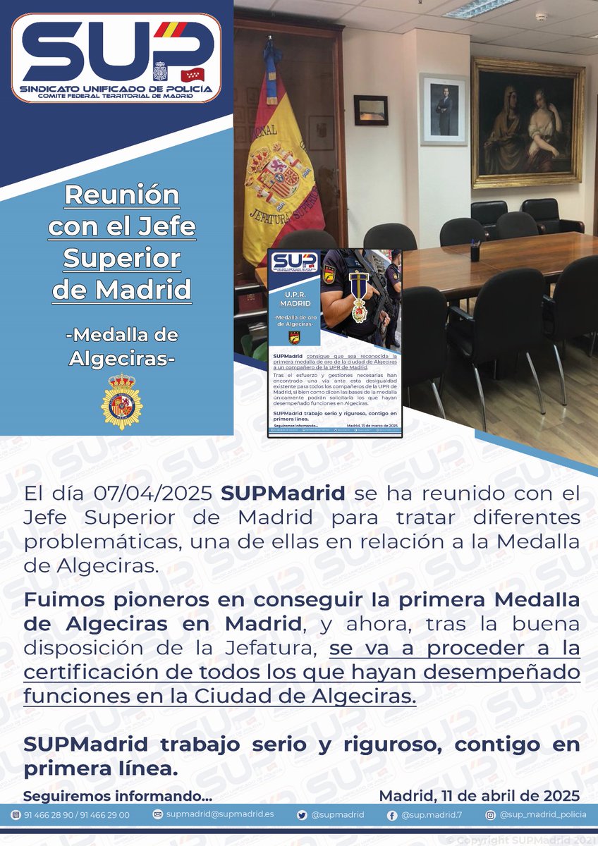 🏅🏅 Desde #SUPMadrid lideramos el reconocimiento a quienes han servido en #Algeciras

📝Tras reiteradas reuniones con la Jefatura,SE CERTIFICARA a todos los agentes afectados por esta incidencia💪#SupContigoEnPromeraLinea #MedallasParaQuienLasMerece #JuntosDefendiendoTusDerechos