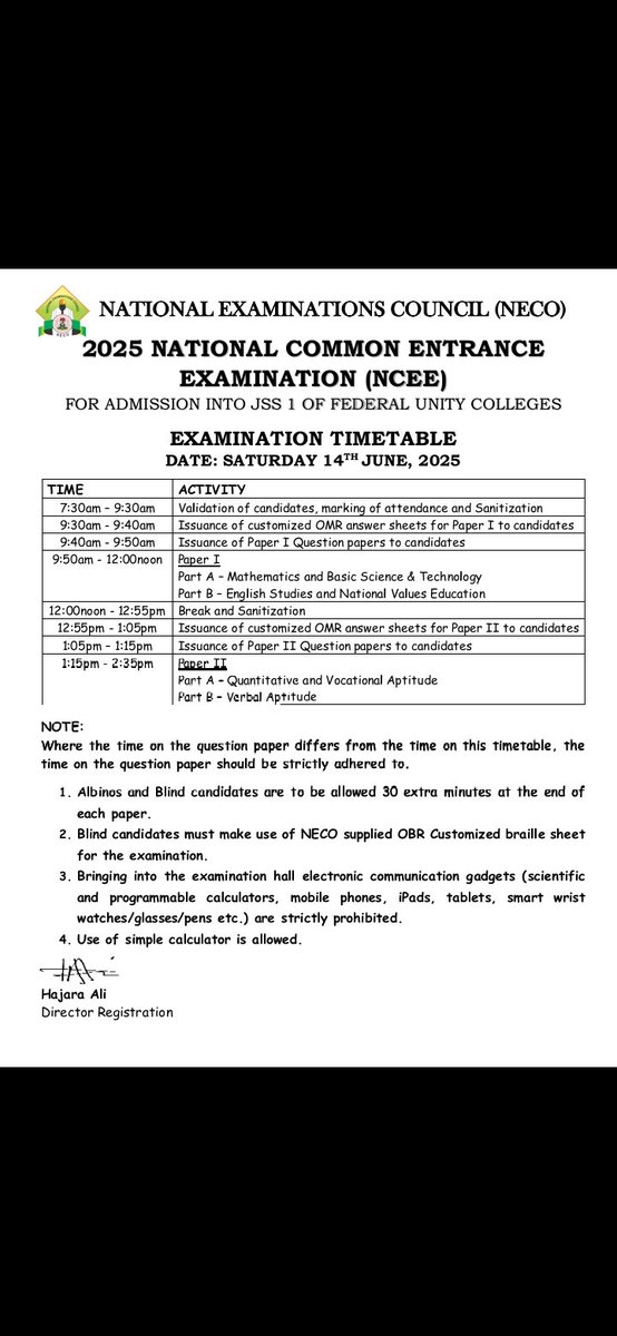 Neconigeria's tweet photo. The Time-Tables for Basic Education Certificate Examination (BECE), National Gifted Examination into Federal Government AcademySuleja(NGE), and National Common Entrance Examination into Federal Unity Colleges (NCEE) are out.

@daily_trust @NigEducation @NTANewsNow @RadioNigeria https://t.co/rTgcwmWayh