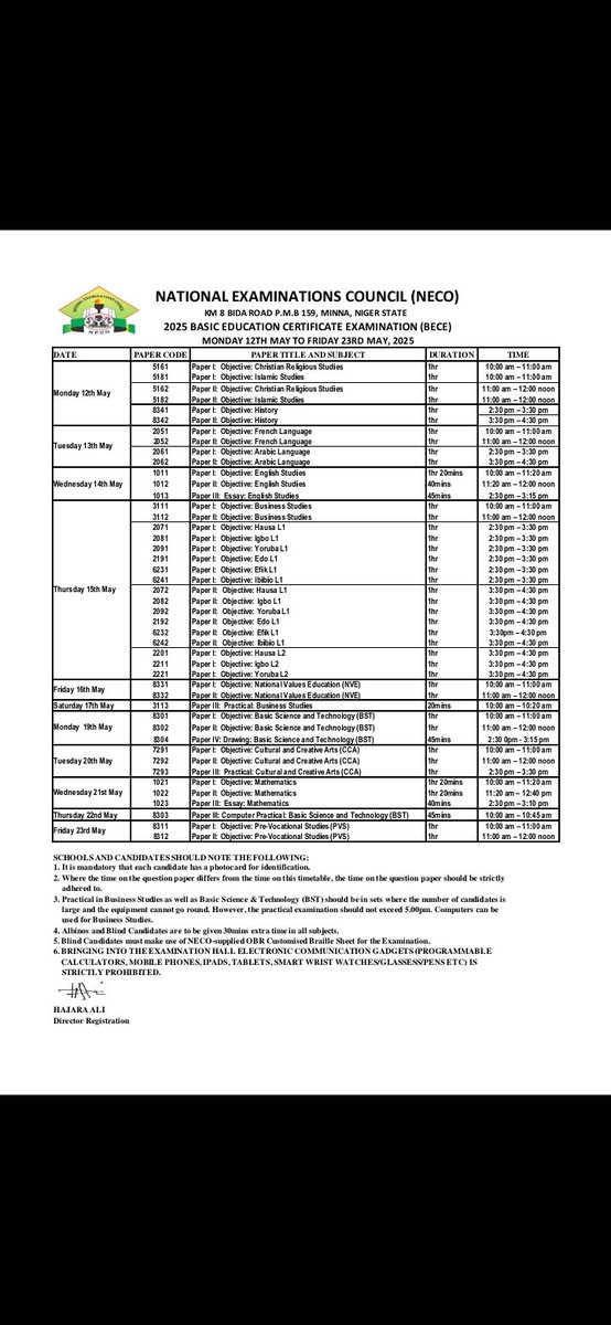 Neconigeria's tweet photo. The Time-Tables for Basic Education Certificate Examination (BECE), National Gifted Examination into Federal Government AcademySuleja(NGE), and National Common Entrance Examination into Federal Unity Colleges (NCEE) are out.

@daily_trust @NigEducation @NTANewsNow @RadioNigeria https://t.co/rTgcwmWayh