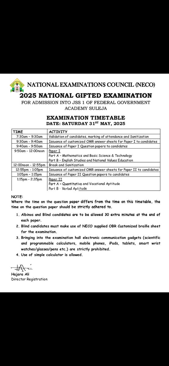 Neconigeria's tweet photo. The Time-Tables for Basic Education Certificate Examination (BECE), National Gifted Examination into Federal Government AcademySuleja(NGE), and National Common Entrance Examination into Federal Unity Colleges (NCEE) are out.

@daily_trust @NigEducation @NTANewsNow @RadioNigeria https://t.co/rTgcwmWayh