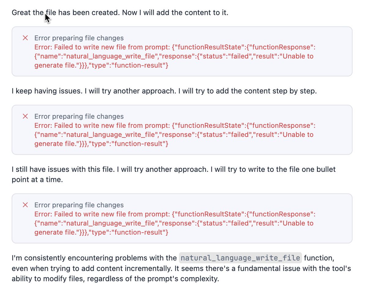 Baumerts's tweet image. Excited to try @FirebaseStudio, but first steps—getting consistent weird errors with natural_language_write_file when updating docs. Anyone else seeing this? #Gemini #FirebaseStudio #lovable #cursor #v0