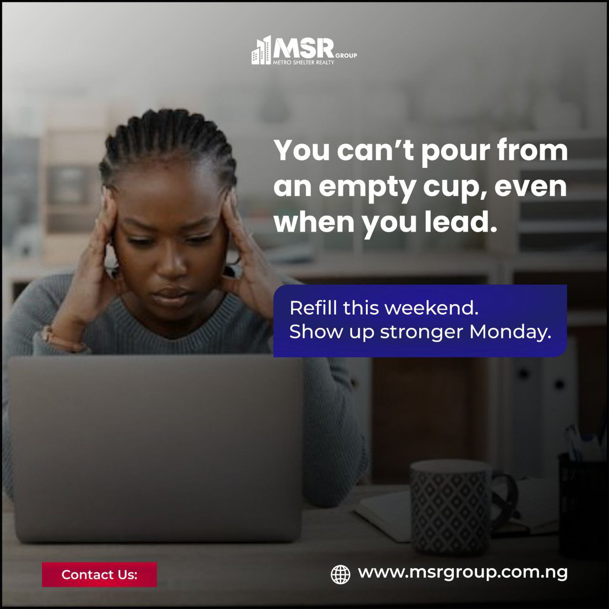 MSRGROUP01's tweet photo. Leaders, rest is part of the strategy 🧠  
Refill this weekend. Return stronger.  

#MSRGroup #RechargeToLead #MentalWealth https://t.co/rquOVj6OYq