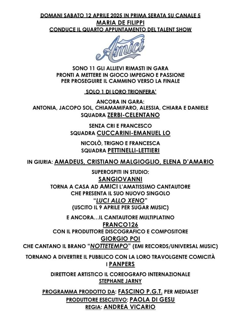MikeleS03's tweet photo. Domani, in prima serata, su #Canale5, #MariaDeFilippi conduce il quarto appuntamento del serale del talent show #Amici24.
Super ospiti in studio:
-#Sangiovanni, con il singolo "#LuciAlloXeno" ;
-#Franco126 e #GiorgioPoi, con il brano "#NotteTempo" ;
-#PanPers.
#AscoltiTv https://t.co/zB8i2dNn4N