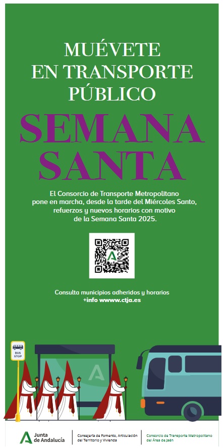 Desde las 14:00 del Miércoles Santo hasta las 12:00 del Viernes Santo, desde el <a href="/ctm_jaen/">ctm_jaen</a>, reforzamos horarios y ampliamos servicios en los municipios que se han adherido a este proyecto.

Consulta toda la información a través del QR o en ctja.es