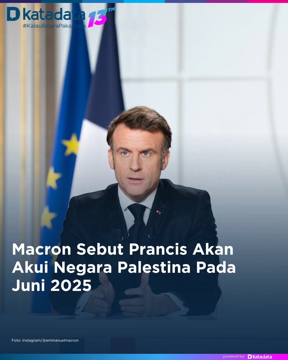 KATADATAcoid's tweet photo. Presiden Prancis Emmanuel Macron mengatakan negaranya dapat mengakui negara Palestina pada Juni 2025 mendatang.

Selengkapnya: https://t.co/zAMZADe79B

#Palestina #Prancis #EmmanuelMacron #Israel #KatadataUpdate #Katadatacoid #KalauBicaraPakaiData https://t.co/bCUf6dJWnR
