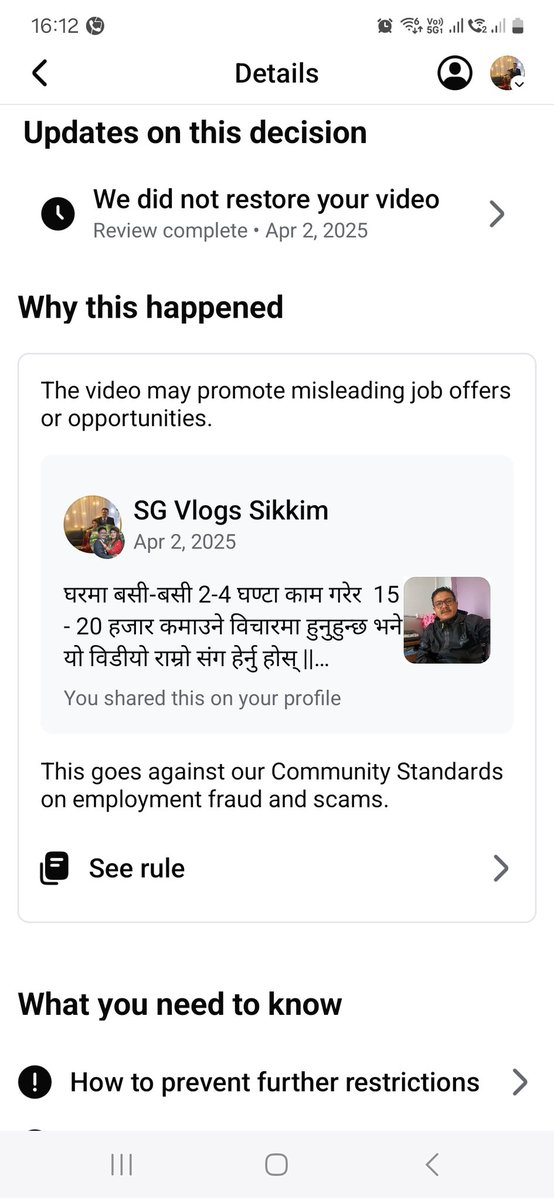 SameerGuragain's tweet photo. Here I have not violated any policies.  @facebook should do proper research before removing anyone's video. This is just unfair.  In fact that video was to aware people.  
Please review once. https://t.co/X4DqfMTOSF