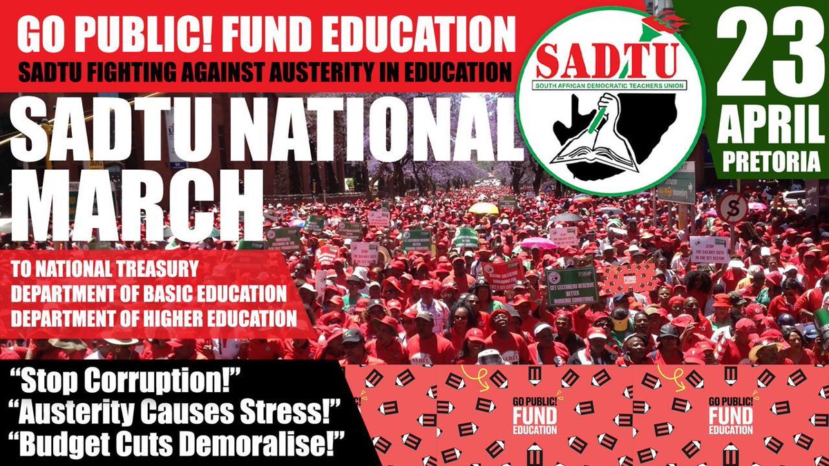 SadtuNational's tweet photo. Join SADTU in National March in Pretoria on Wednesday, 23 April 2025. Let’s stand united &amp; fight for a well-funded, quality public education system. https://t.co/iIPt5tQVGO