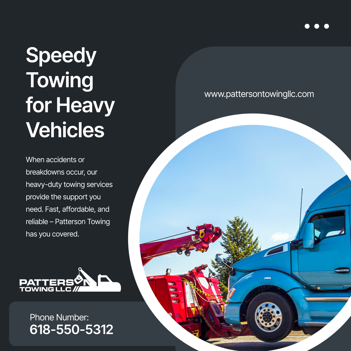 PattersonTowing's tweet photo. Don’t let a breakdown derail your day. Patterson Towing LLC offers fast, affordable heavy-duty towing services for large vehicles in need.

#CentrevilleIL #AffordableTowingServices #HeavyDutyTowing https://t.co/2HnYrFjpz9