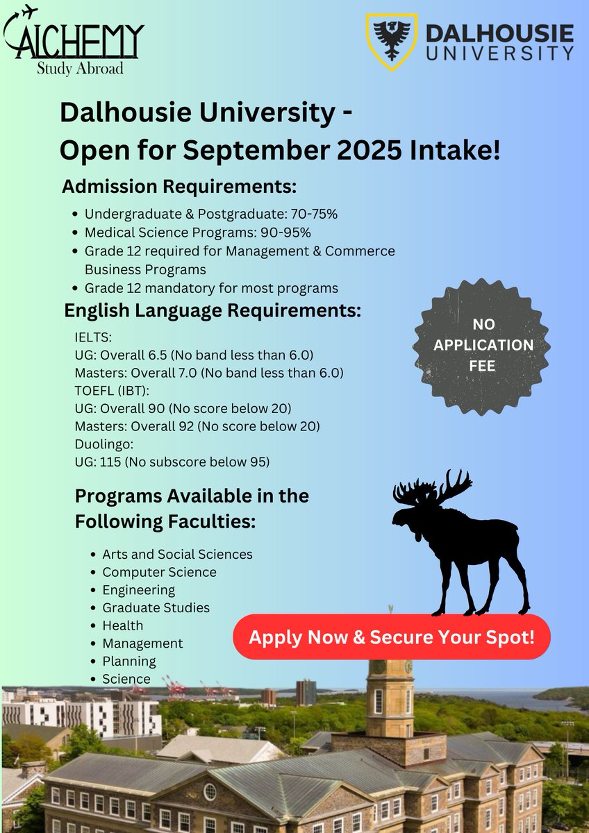 Alchemy_Study's tweet photo. 🎓🇨🇦 Dalhousie University is now open for September 2025 intake! 🌟 Study at one of Canada’s top research universities and launch your global career. Apply today! ✅ #dalhousieuniversity #studyincanada #sept2025intake #studyabroad #internationalstudents #globaleducationcenter https://t.co/x4ieegiRy3