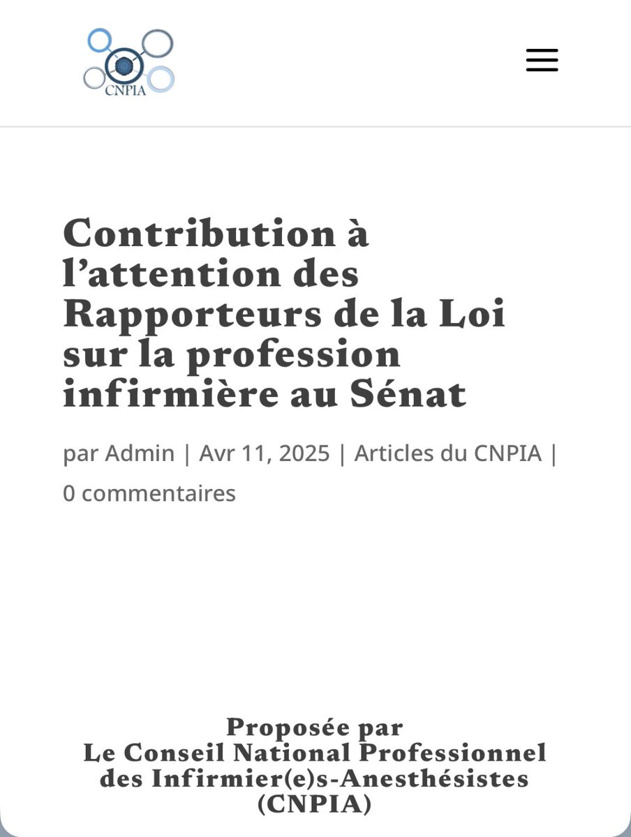 Contribution à l’attention des Rapporteurs de la Loi sur la profession infirmière au <a href="/Senat/">Sénat</a> 
à lire sur le site du <a href="/CNP_IA/">CNPIA</a> 

<a href="/CEEIADE/">CEEIADE</a> <a href="/SNIA75/">SNIA : Syndicat Nal des #IADE</a> 

cnpia.fr/contribution-r…

<a href="/JeanSOL__/">Jean SOL</a> <a href="/Mouiller_P/">Philippe Mouiller</a> <a href="/yannickneuder/">Dr. Yannick Neuder</a>