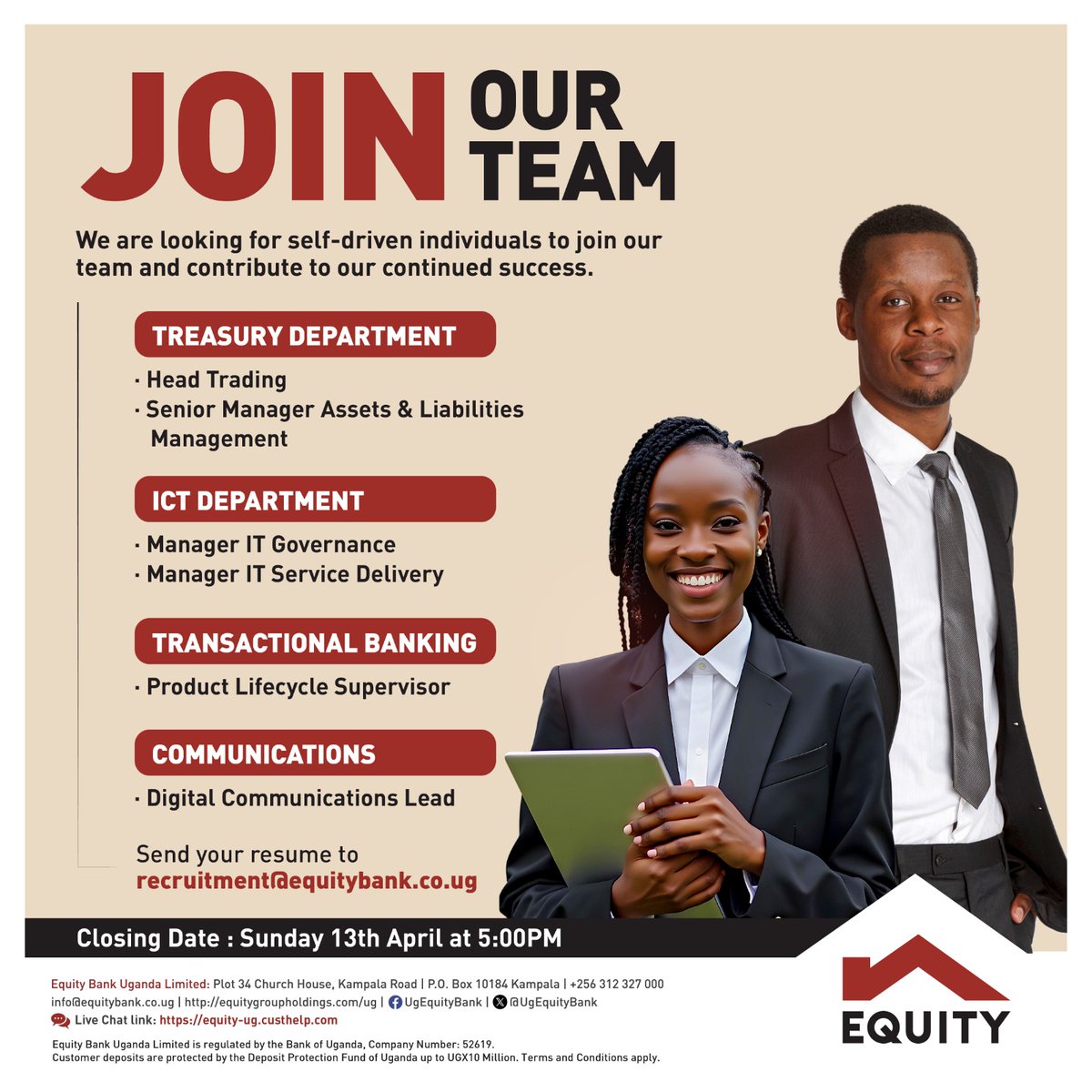 jobsinugandanow's tweet photo. We are looking for highly motivated &amp; skilled individuals to be part of the Equity team. 
Send in your application to recruitment@equitybank.co.ug by Sunday, 13th April; your next opportunity awaits. 

For more info on the roles, visit: https://t.co/Kdhi3vRNqI https://t.co/rce0b1HHwV