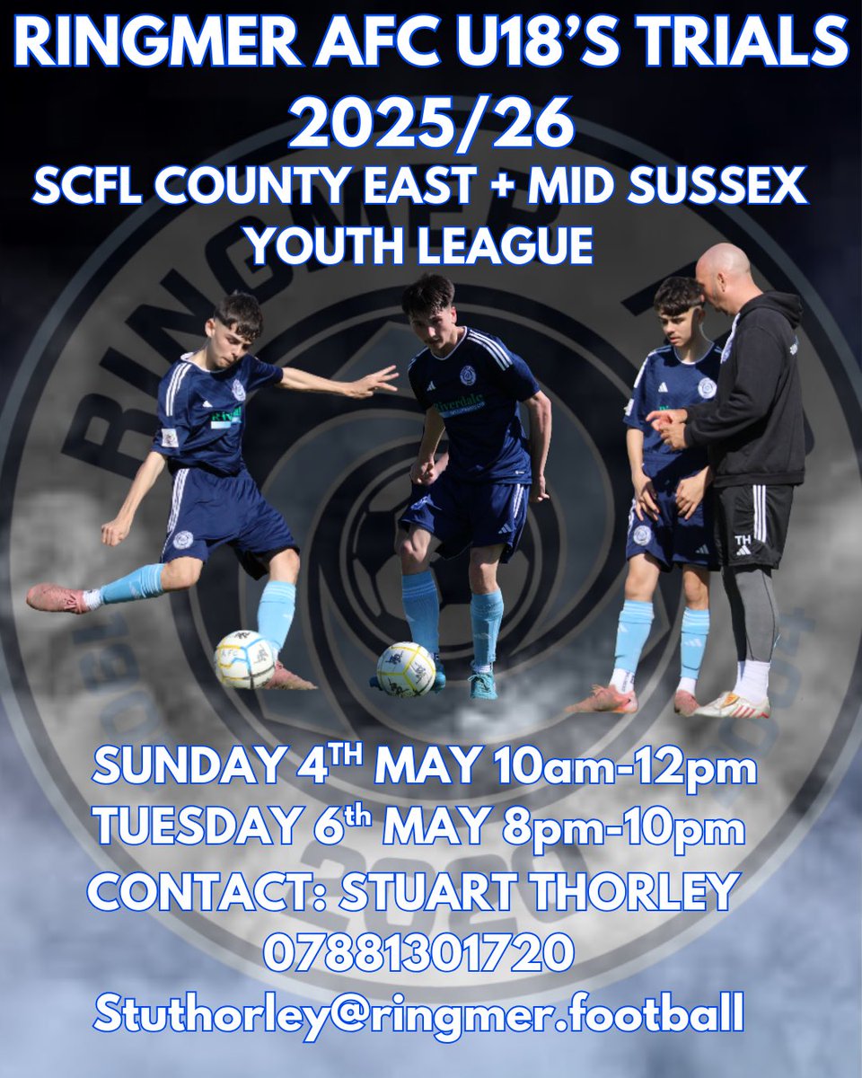 🚨U18 Trials 2025/26🚨

🔵Both of our U18 sides are looking for players for the 2025/26 season.

⚽️UEFA B Coaching 
🏠Some of the best facilities in the area
📈Progression into Saturday men’s senior sides

Contact: <a href="/ThorleyStuart/">Stuart T</a> , 07881301720, stuthorley@ringmer.football