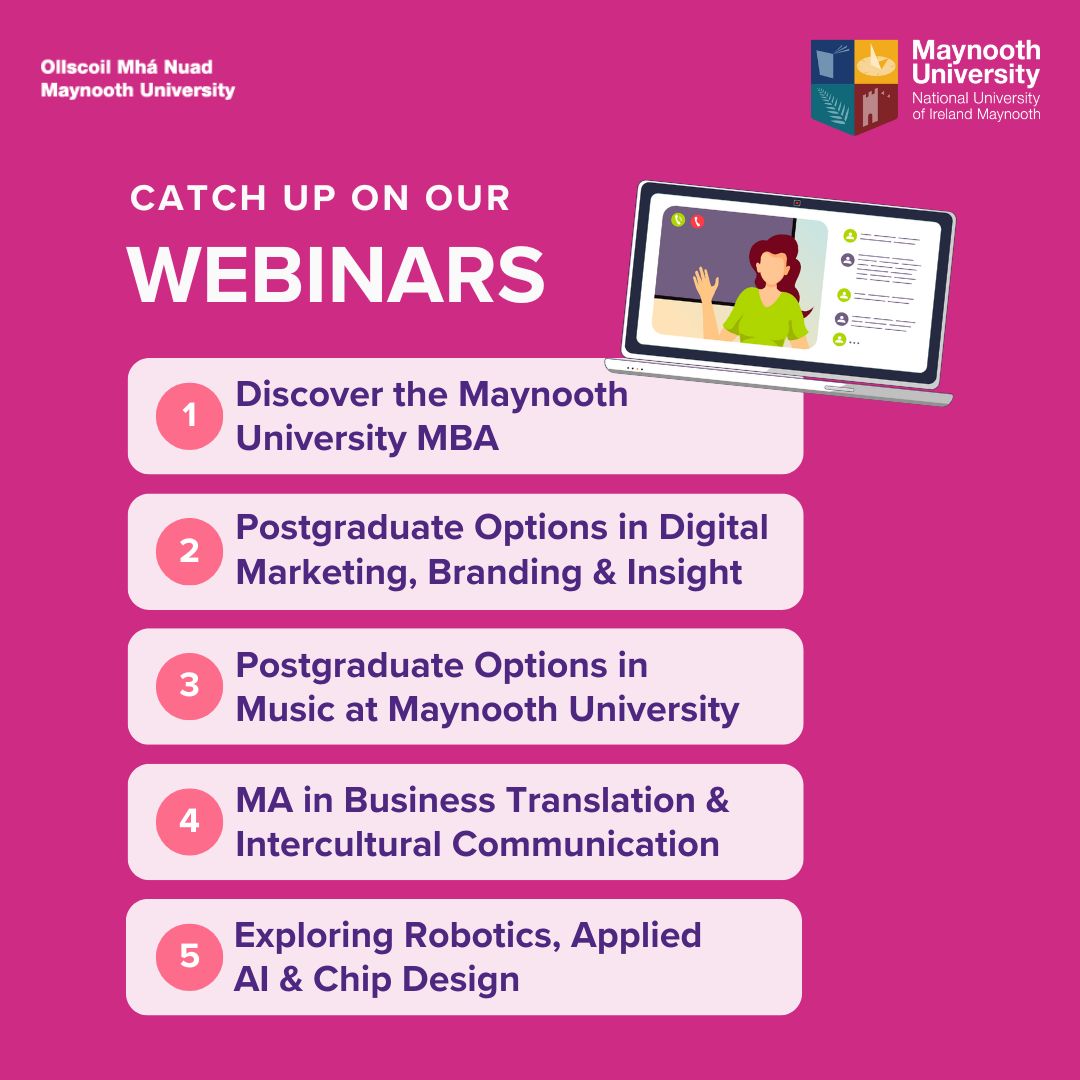 Missed one of our recent Maynooth University Postgraduate webinars? No worries — we’ve got you covered!

Catch up anytime on our dedicated Webinar Channel

 👉 lnkd.in/eD5epU-Z

#Maynoothuniversity #MUPostgrad