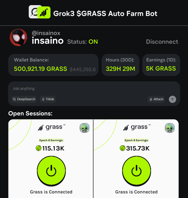 insainox's tweet photo. Grok 3 + $GRASS Farm Bot = $200-$1.5k per day

I've already gotten $9.2k in a week

Without coding skills, here's how to do it🧵 https://t.co/Q33fhIWtkV