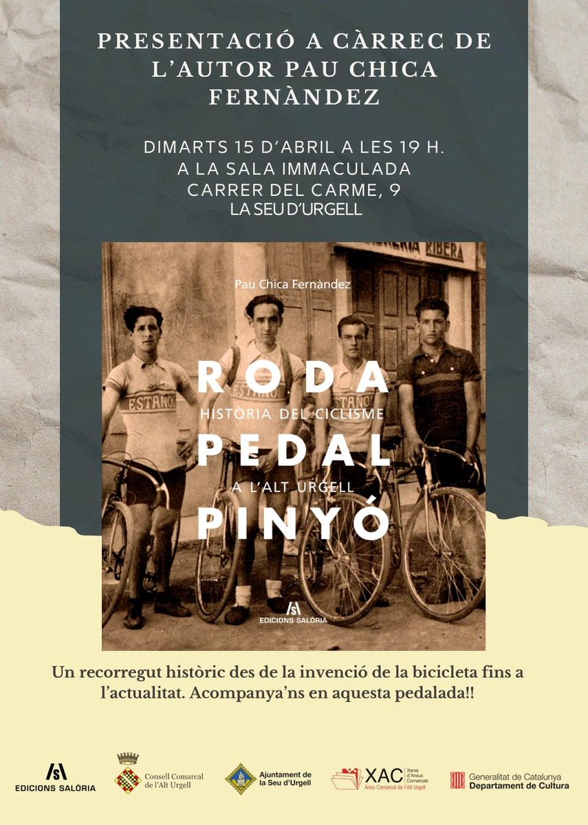 Si t'agrada la història, el ciclisme o simplement vols UN LLIBRE AMB FOTOS, vinc a solucionar-te el #SantJordi2025

El  dimarts 15, a les 19h, a la sala Immaculada de #laSeu, presentem "Roda, pedal, pinyó. Història del ciclisme a l'Alt Urgell"

Em farà molta il·lusió que vingueu