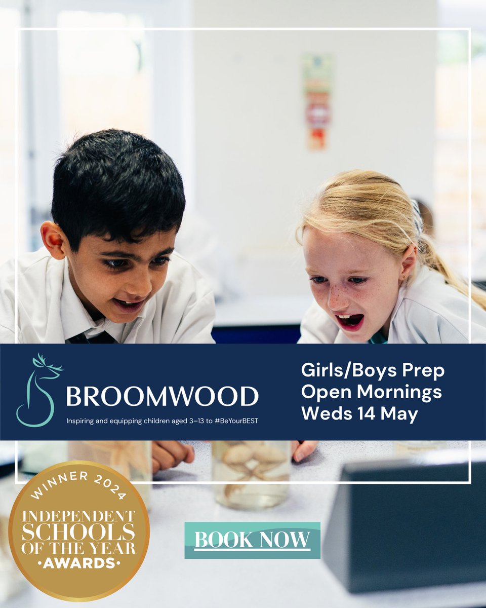 Come and experience life at Broomwood Prep at our next Open Mornings (Weds 14 May)- where academic ambition meets outstanding pastoral care.
Proud winner of the Independent Schools of the Year Award for student wellbeing
Book your place today: bit.ly/4iovHOV