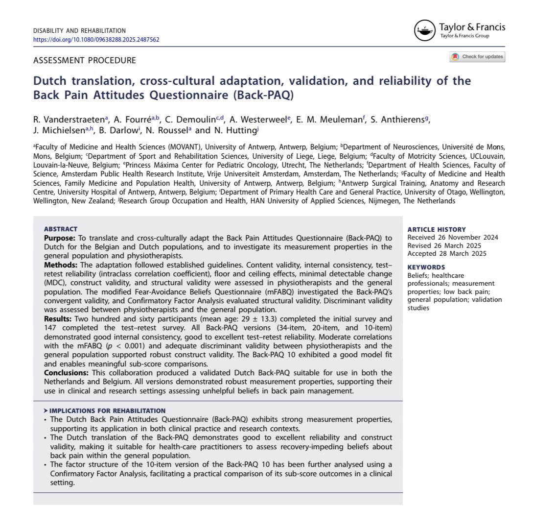 𝙉𝙖𝙩𝙝𝙖𝙣 𝙃𝙪𝙩𝙩𝙞𝙣𝙜 (@nathanhutting) on Twitter photo Just published in <a href="/DisabilityRehab/">Disability and Rehabilitation</a>:
Dutch translation, cross-cultural adaptation, validation, and reliability of the Back Pain Attitudes Questionnaire (Back-PAQ)
tandfonline.com/doi/full/10.10… Just published in <a href="/DisabilityRehab/">Disability and Rehabilitation</a>:
Dutch translation, cross-cultural adaptation, validation, and reliability of the Back Pain Attitudes Questionnaire (Back-PAQ)
tandfonline.com/doi/full/10.10…