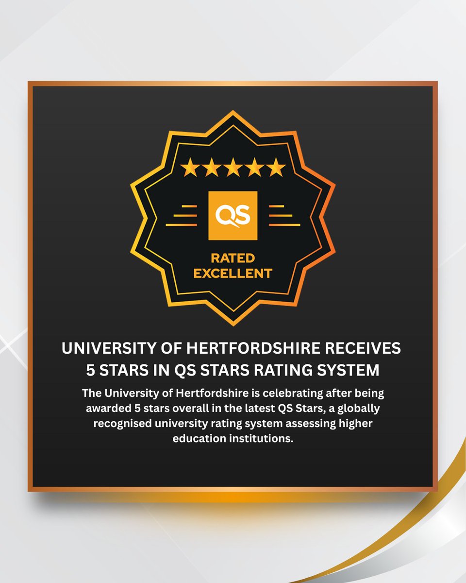 SuccessPointCo1's tweet photo. We are proud to announce that the University of Hertfordshire has been awarded a 5-𝐒𝐭𝐚𝐫 𝐫𝐚𝐭𝐢𝐧𝐠 𝐛𝐲 𝐐𝐒 𝐒𝐭𝐚𝐫𝐬s, an international rating system that recognizes excellence in higher education.

#UniversityOfHertfordshire #QSRanking #HigherEducation https://t.co/Xh1KRFwxEX