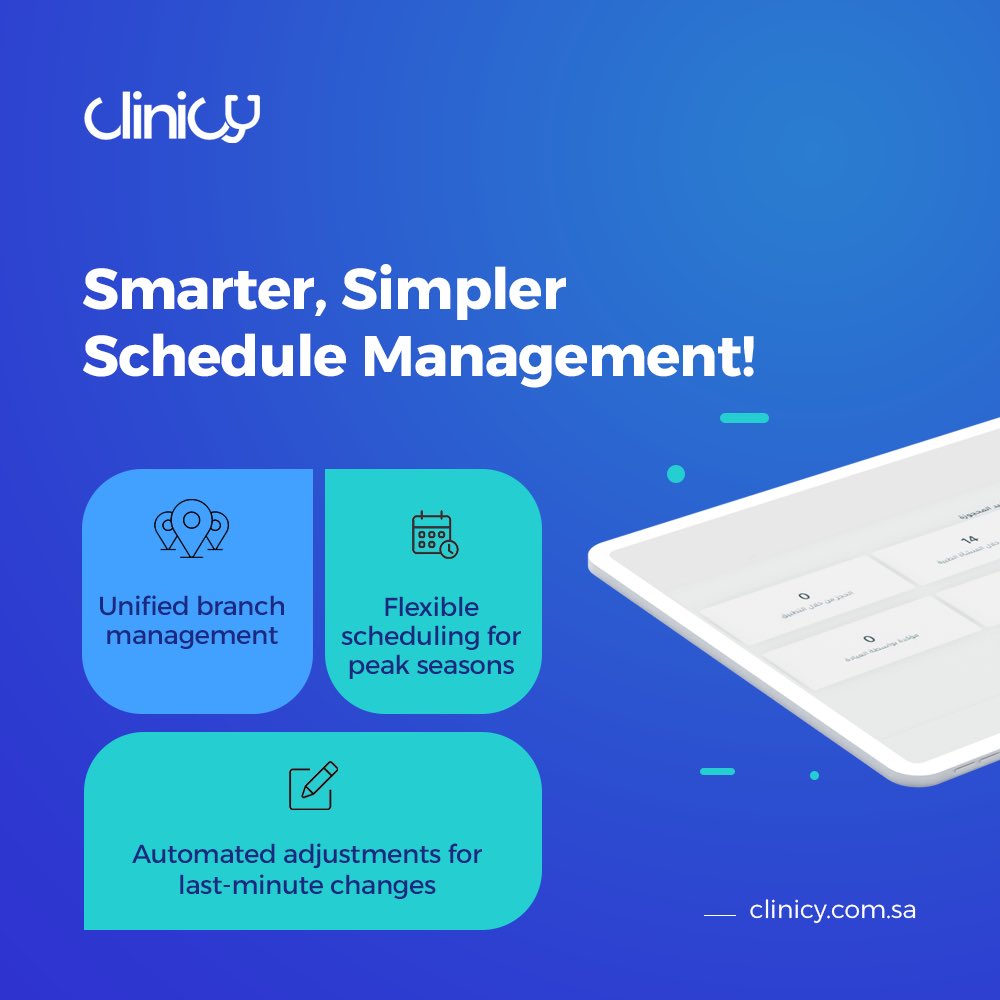 Clinicy_sa's tweet image. Managing practitioner schedules doesn’t have to be a hassle. With Clinicy, you get smart automation, flexible scheduling, and real-time adjustments to keep your clinic running smoothly.
#Clinicy #ClinicManagement #Healthcare #DigitalTransformation #Innovation

لا مزيد من التعقيد