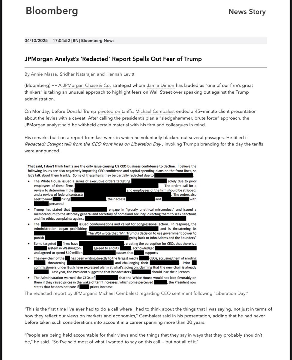 maitlis's tweet photo. Just a highly respected ⁦@jpmorgan⁩ analyst here REDACTING HIS OWN ADVICE on tariffs through fears of how  #trump may retaliate personally - or on his firm and colleagues. 
It’s the first time in 30 years he’s felt the need to self censor 🧵 ⁦@Bloomberg⁩ https://t.co/d9sH2MM1fY
