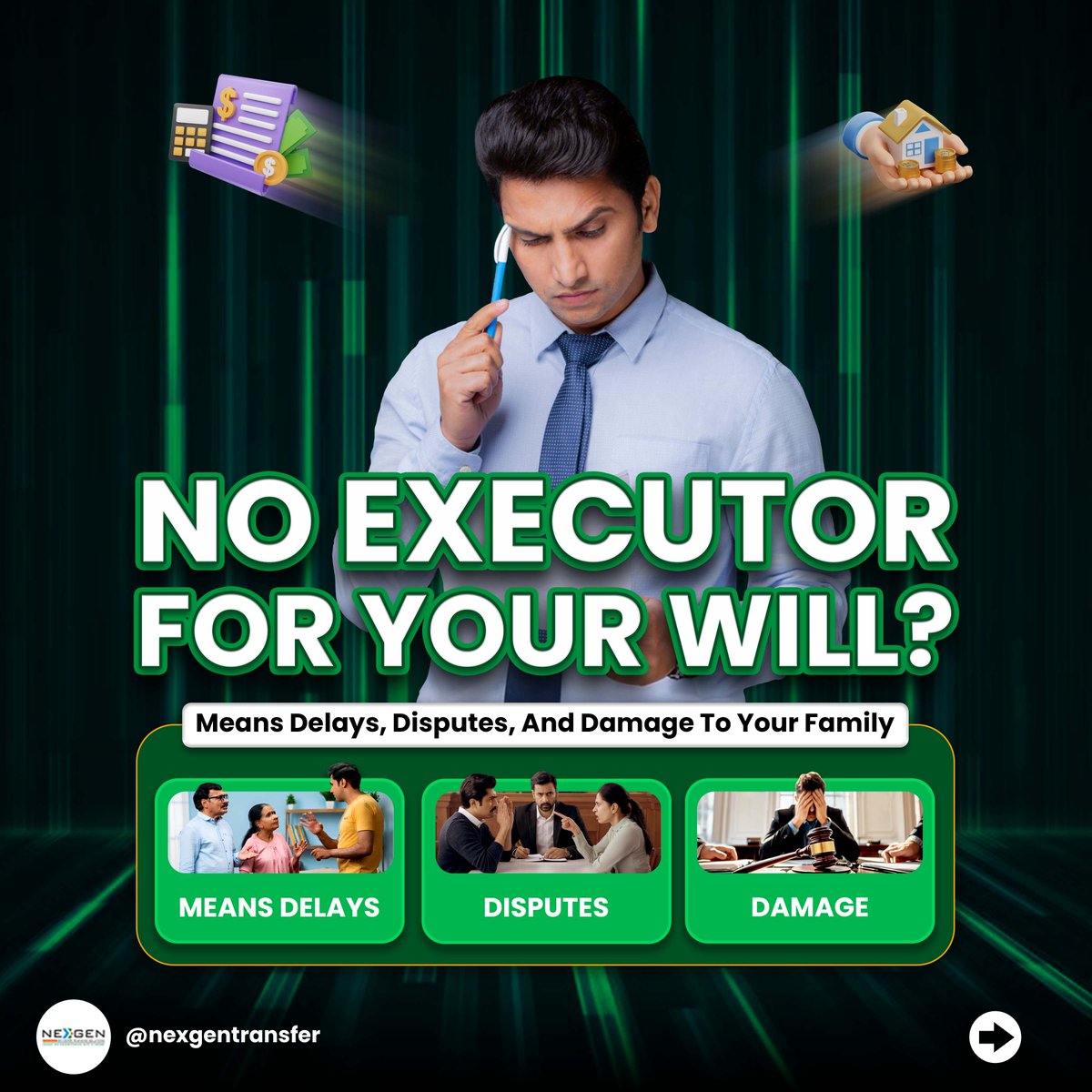 nexgentransfer's tweet image. A Will without an executor is just words on paper. It can lead to delays, family disputes, and loss of assets. Appointing the right executor ensures your wishes are carried out as planned.

📞 +91 9599799108

📧 support@nexgntransfer.com

#assetdistribution #nexgentransfer