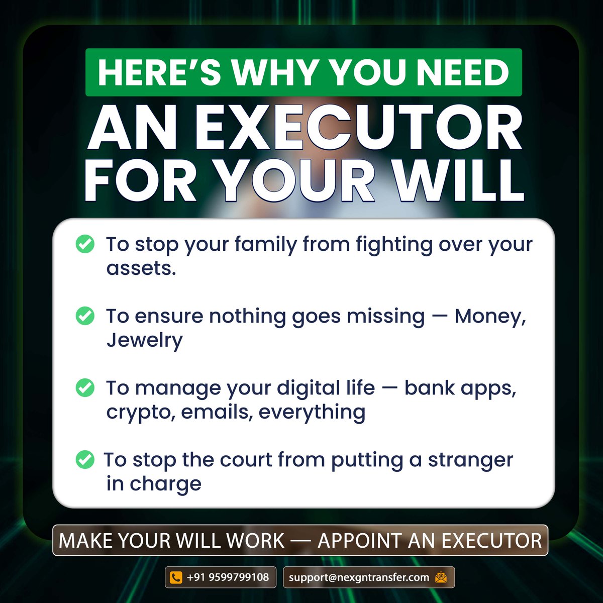 nexgentransfer's tweet image. A Will without an executor is just words on paper. It can lead to delays, family disputes, and loss of assets. Appointing the right executor ensures your wishes are carried out as planned.

📞 +91 9599799108

📧 support@nexgntransfer.com

#assetdistribution #nexgentransfer