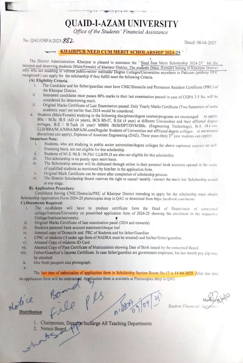 📢 Scholarship Alert at QAU!

Ameer Ahmed Siddiqui Fund for female students from SPIR &amp; selected departments.

Khairpur Need Cum Merit for students from Khairpur District.
Apply by April 11 &amp; 21! Forms at Central Library photocopy shop. #QAU #Scholarships