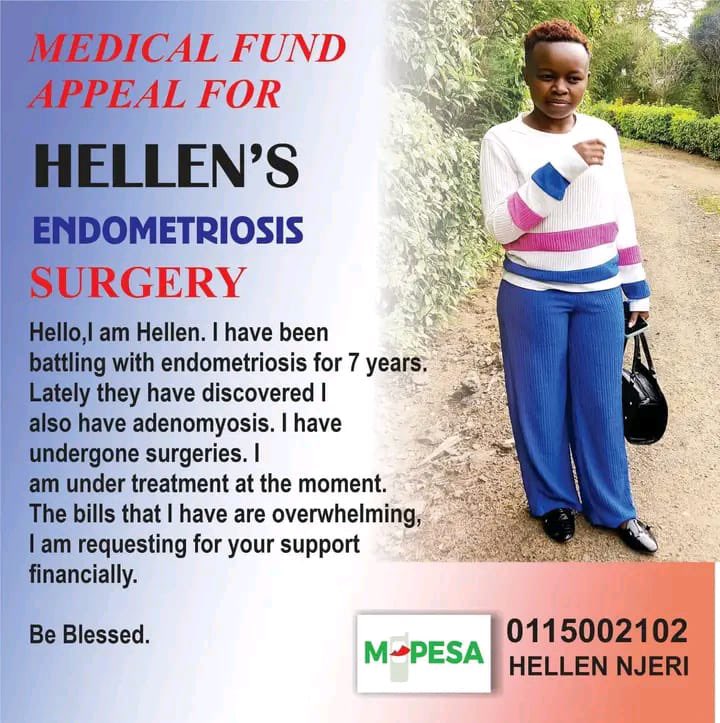 SCORA_Kenya's tweet photo. Hellen Njeri is an endometriosis /adenomyosis warrior seeking your support to help her undergo surgery to save her kidney which has been affected by endometriosis🥹

Your donation will be of great help in her battle to fight endometriosis.

MPESA NUMBER - 0115002102 https://t.co/GXfxAvo8ea