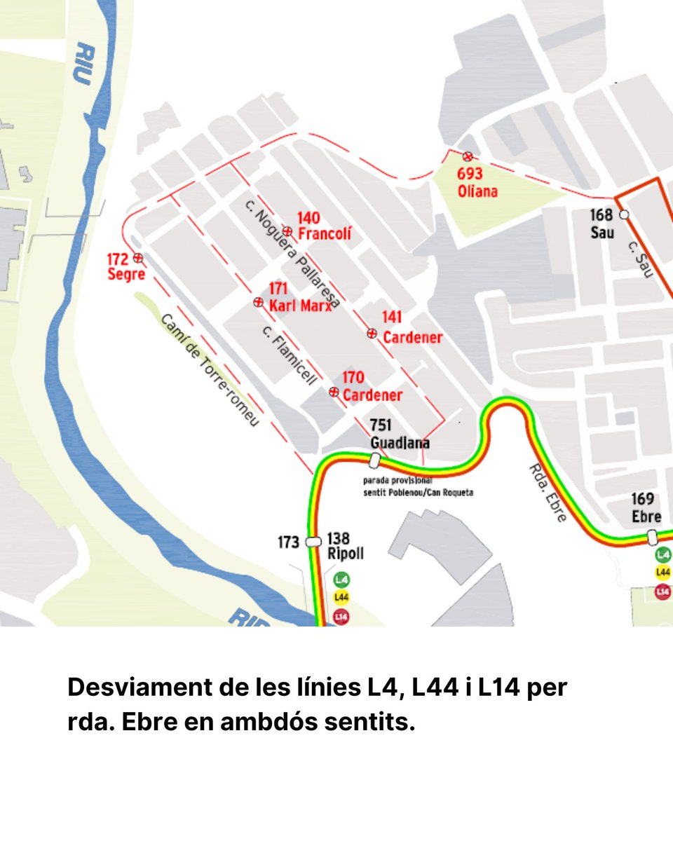 tussccl's tweet photo. ⚠️🚧🚍 Afectacions a les línies #L4, #L44 i #L14 amb motiu del tall del c. Flamicell (Torre-romeu) per obres de canalització de la companyia d'aigües.
📅 Del dilluns 14 al dimecres 16 d'abril
⌚ De 8 h a 15.30 h aprox.
👉 Les línies es desvien per rda. Ebre en ambdós sentits. https://t.co/ARfug78fOA