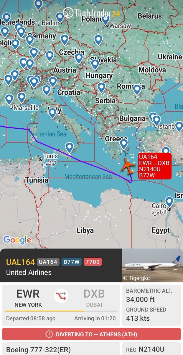 Turbinetraveler's tweet photo. #UAL164 /#UA164 made a u-turn north of Egypt after declaring an emergency onboard. https://t.co/SHr1EbGpcb