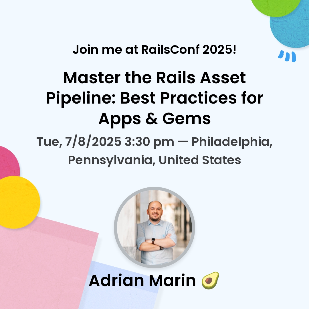 I'm thrilled and honored to speak at the final <a href="/railsconf/">RailsConf</a>.

I'll be sharing my experience with the Rails Asset Pipeline: what it is, how it works, and how to create and integrate gems seamlessly with its various configurations.

#RailsConf