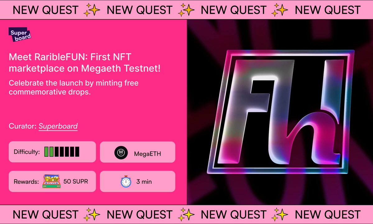 MegaETH just got its first NFT marketplace: RaribleFUN!

Mint 'Fun Starts Here' from @Rarible on MegaETH and follow the Rabbit hole!

🥕: superboard.xyz/quests/meet-ra…