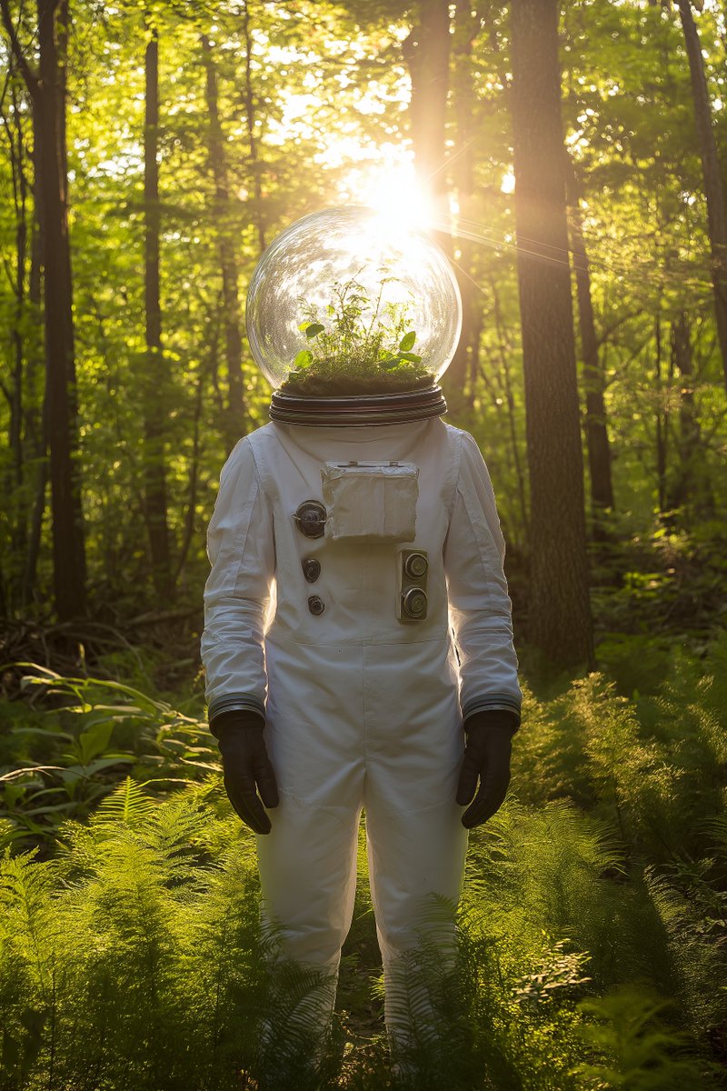 soconversy's tweet photo. @michaelrabone Full-length cinematic photo of an astronaut with a large glass helmet filled with a lush green terrarium, white space suit, standing in the forest, heading toward the viewer, bright golden hour sunlight through the tress --ar 2 --s 0 --ar 2:3 --v 7 --raw https://t.co/hw25U1oy2Q