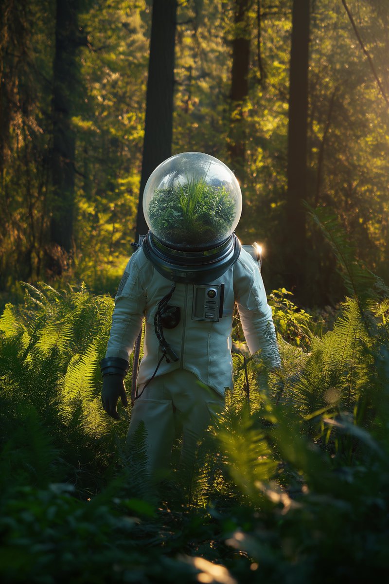 soconversy's tweet photo. @michaelrabone Full-length cinematic photo of an astronaut with a large glass helmet filled with a lush green terrarium, white space suit, standing in the forest, heading toward the viewer, bright golden hour sunlight through the tress --ar 2 --s 0 --ar 2:3 --v 7 --raw https://t.co/hw25U1oy2Q
